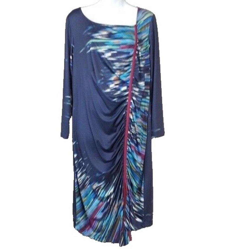 ISABEL + Alice Womens Midi Dress XL Blue Pink Artsy Abstract Long Sleeve Ruched